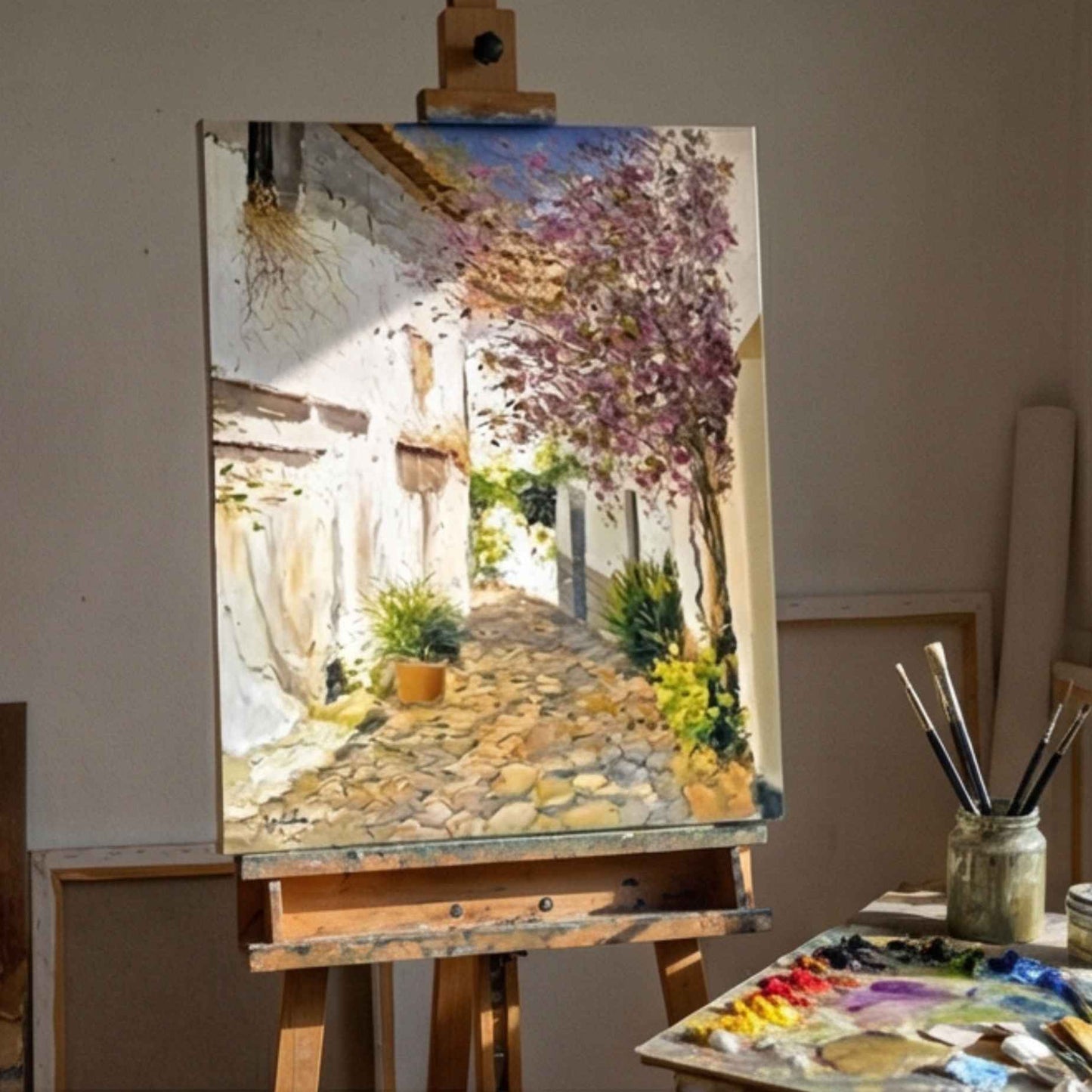 Ölgemälde „Mediterrane Straße mit Bougainvillea“, Werk von Martín Pintor