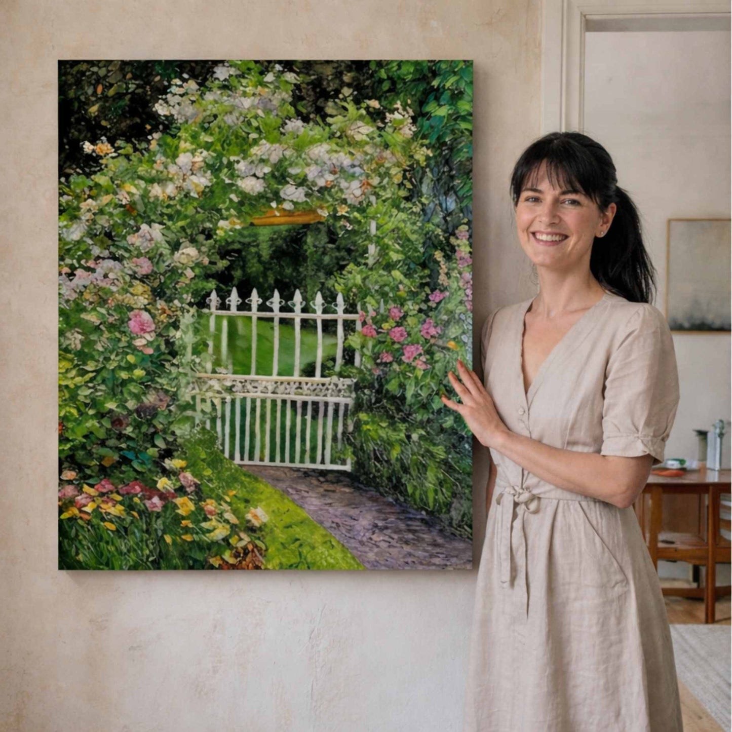 Puerta Blanca en Jardín Florido cuadro al oleo pintado a mano Martin