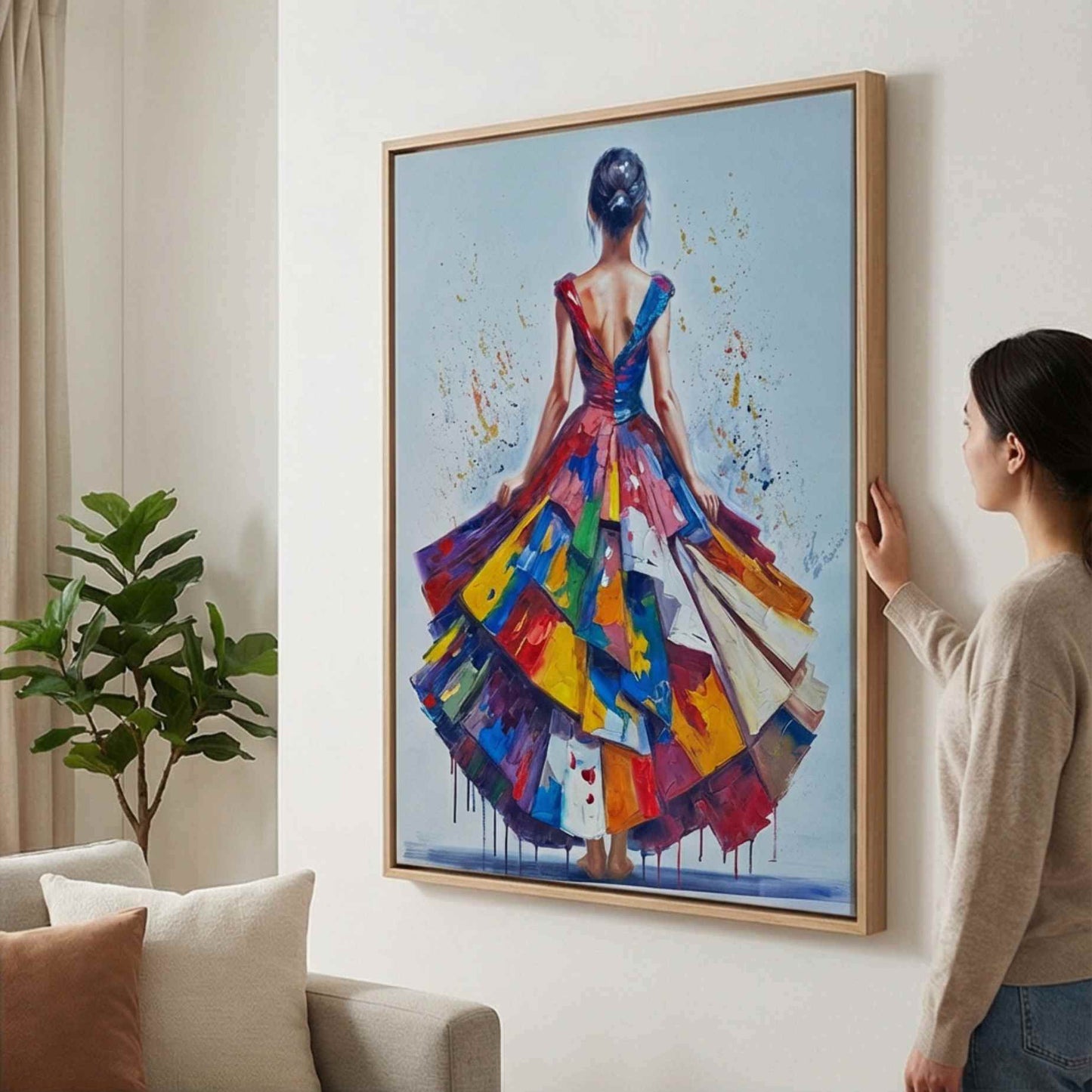Cuadro al óleo de mujer elegante con vestido colorido de Martin 120 x 90