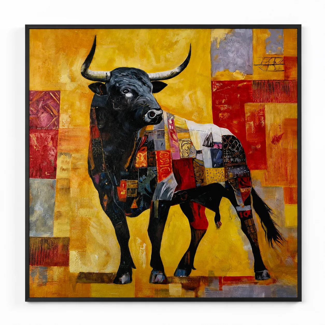 Colores de España — Cuadro de toro pintado a mano, óleo 102×102 cm
