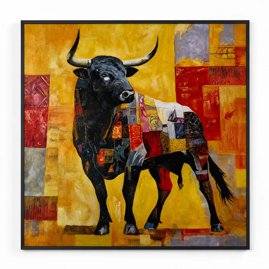 Colores de España — Cuadro de toro pintado a mano, óleo 102×102 cm
