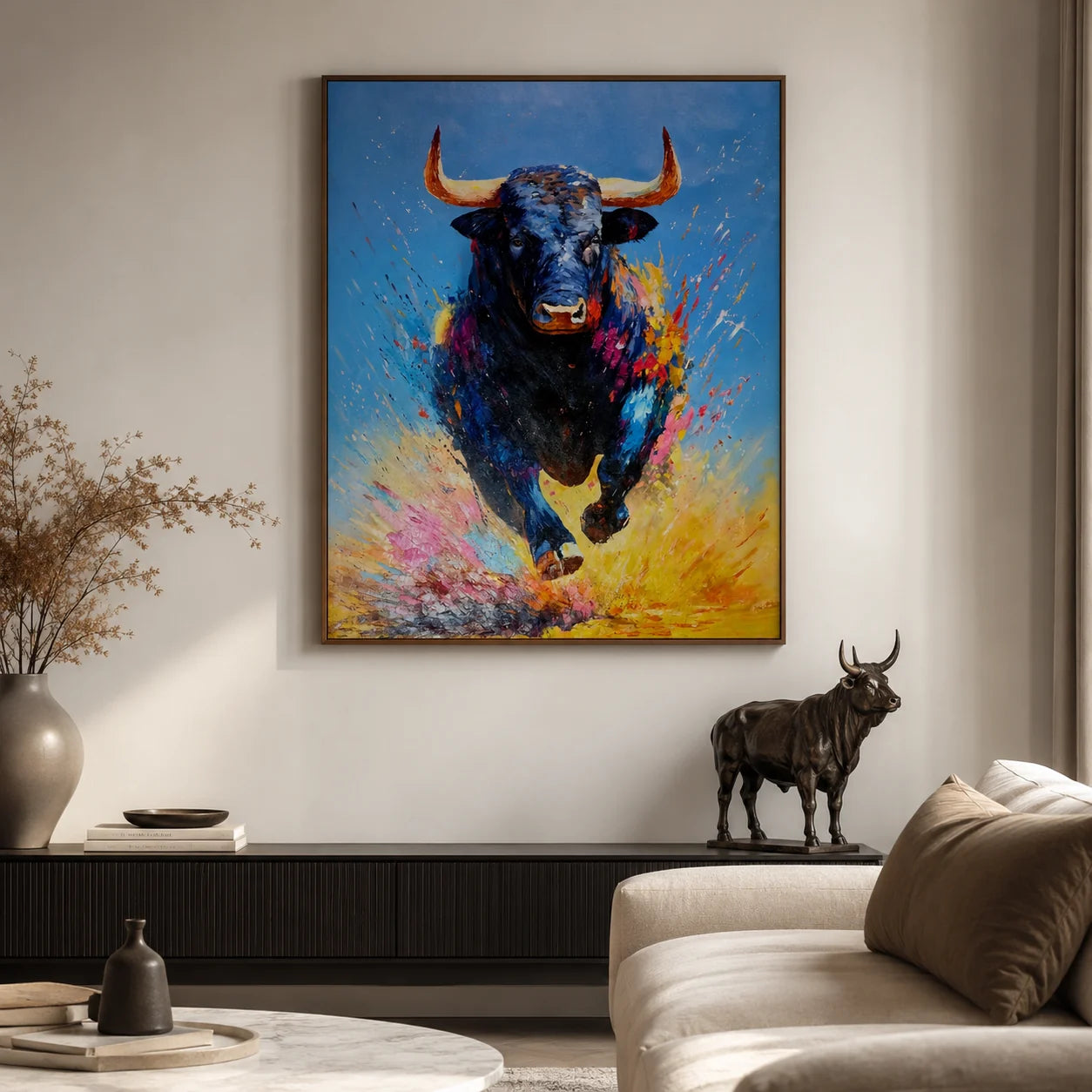 Charge — Hand-painted bull painting, oil 80×100 cm