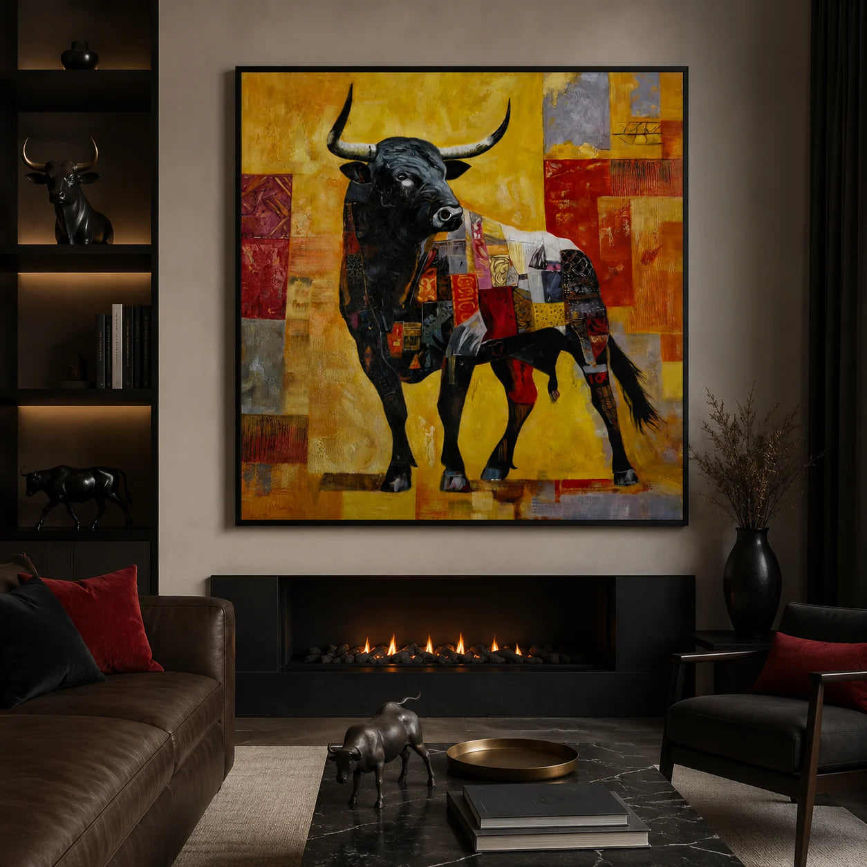 Colores de España — Cuadro de toro pintado a mano, óleo 102×102 cm