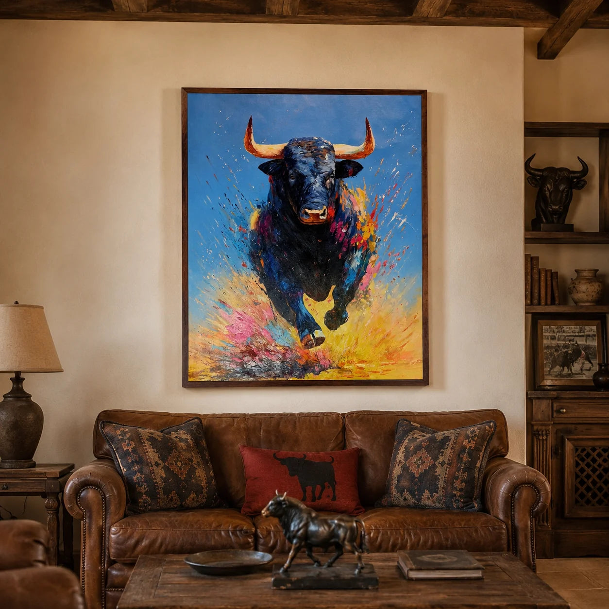 Charge — Hand-painted bull painting, oil 80×100 cm