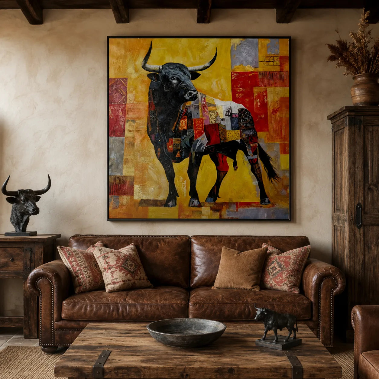 Colores de España — Cuadro de toro pintado a mano, óleo 102×102 cm