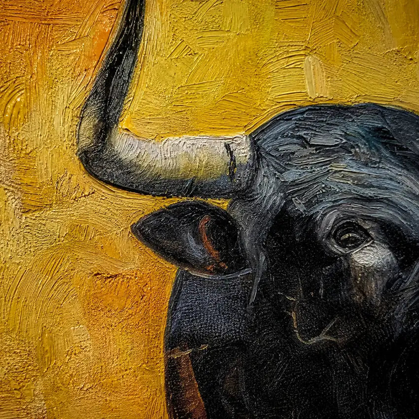 Colores de España — Cuadro de toro pintado a mano, óleo 102×102 cm