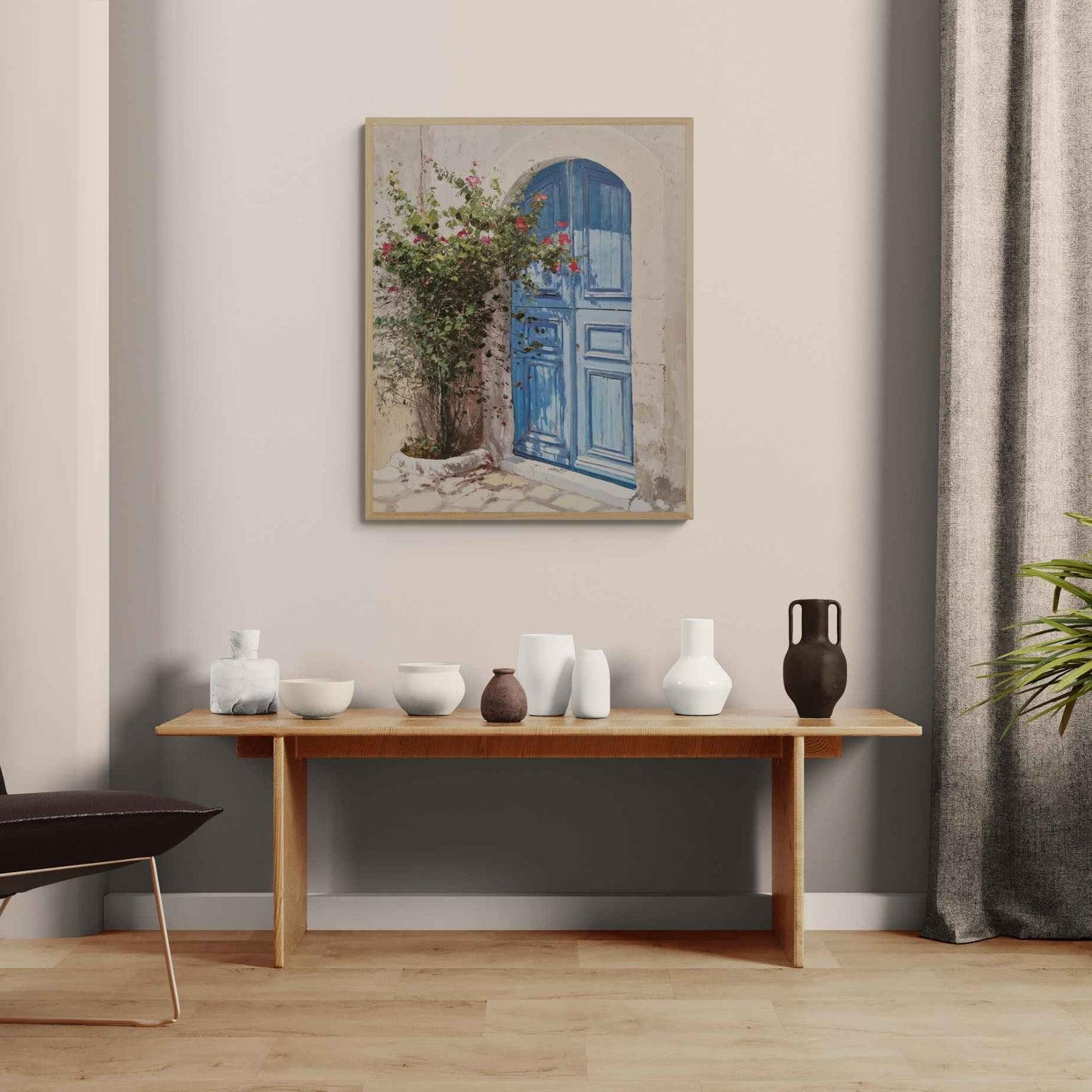 Cuadro al Óleo Puerta Azul Mediterránea con Buganvilla de Martín