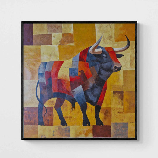 Cuadro Toro Geométrico con Fondos Ocres 100x100 cm
