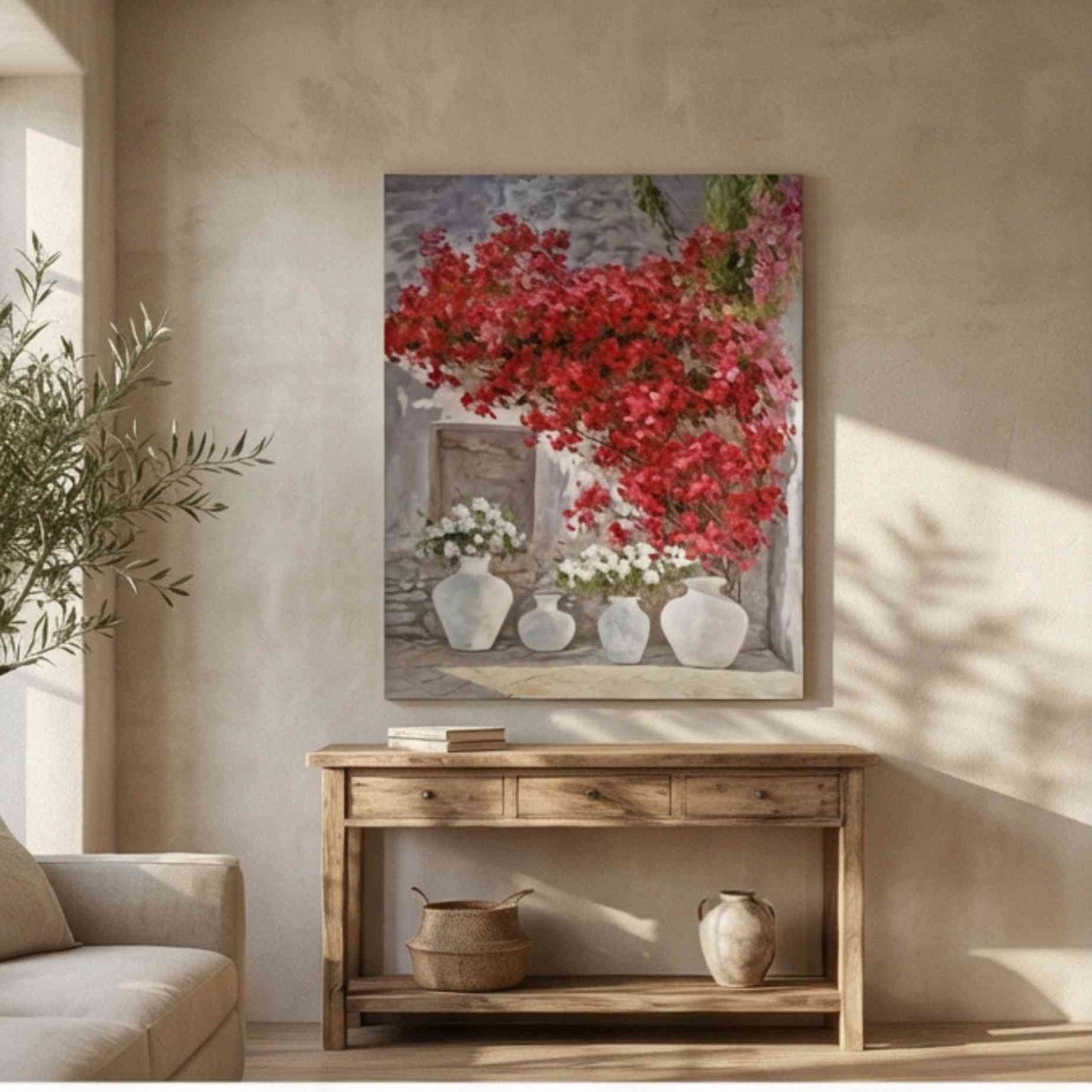 Mediterrane Bougainvillea in Vasen – Handgemaltes Ölgemälde 81 x 102 cm