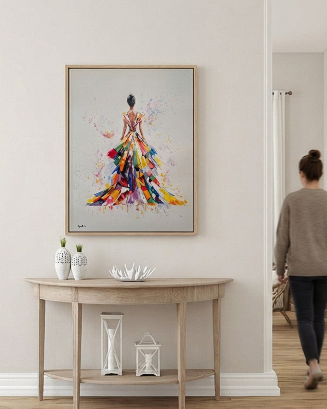 Pintura al Óleo Mujer Elegante con Vestido Abstracto Multicolor 120x90 cm