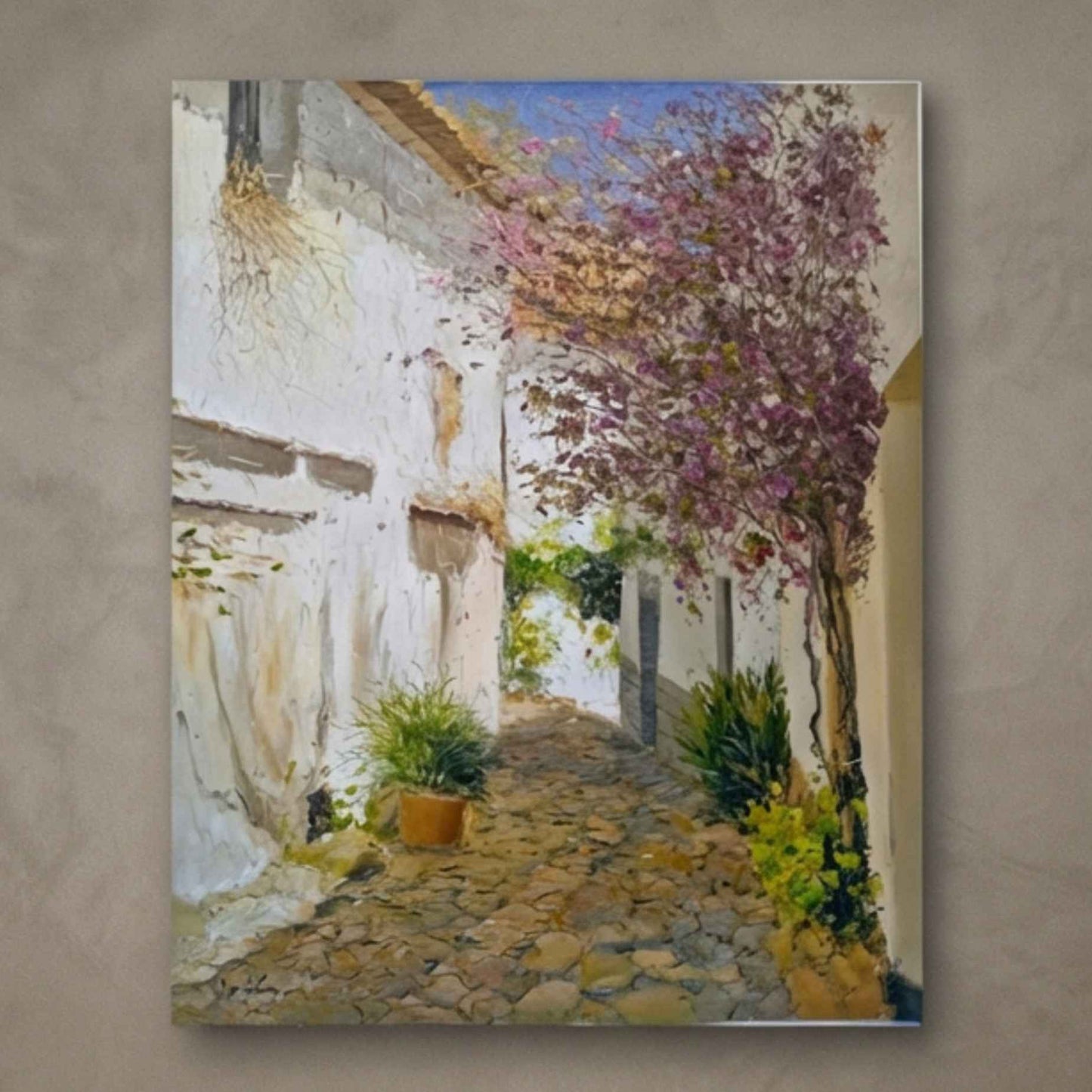 Ölgemälde „Mediterrane Straße mit Bougainvillea“, Werk von Martín Pintor