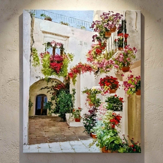 Cuadro al Óleo Patio Mediterráneo Floral – Pintura de Martin