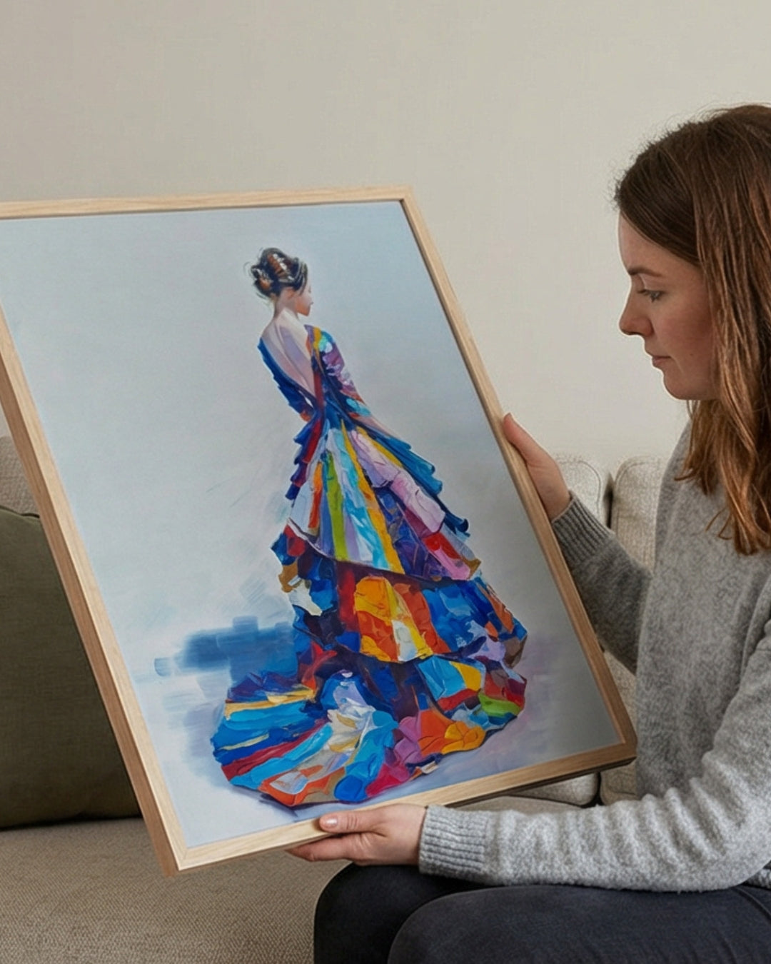 Cuadro Mujer Elegante con Vestido Multicolor – Pintura al Óleo Moderna 82x102 cm