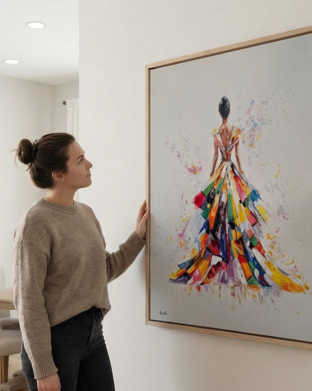 Pintura al Óleo Mujer Elegante con Vestido Abstracto Multicolor 120x90 cm