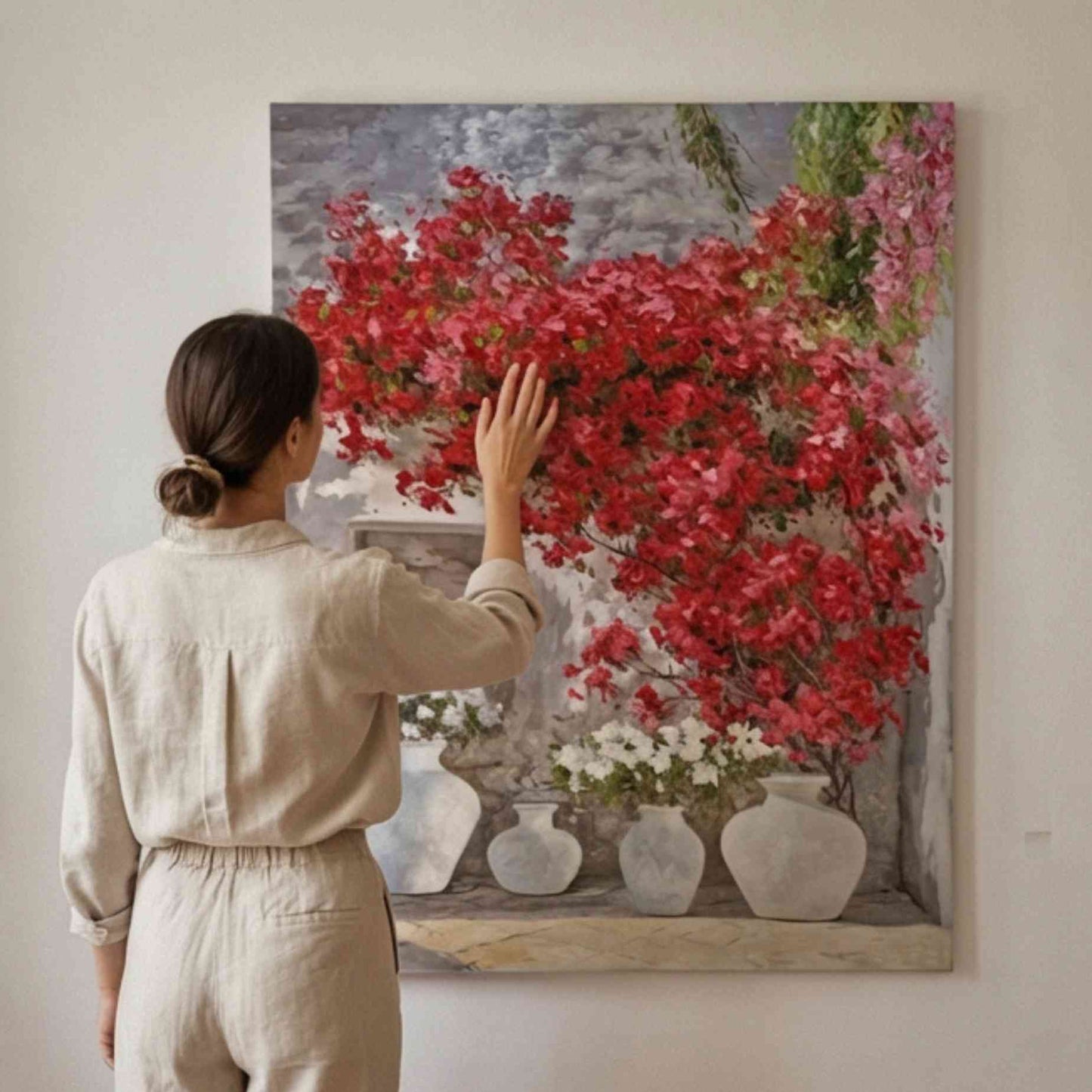Mediterrane Bougainvillea in Vasen – Handgemaltes Ölgemälde 81 x 102 cm
