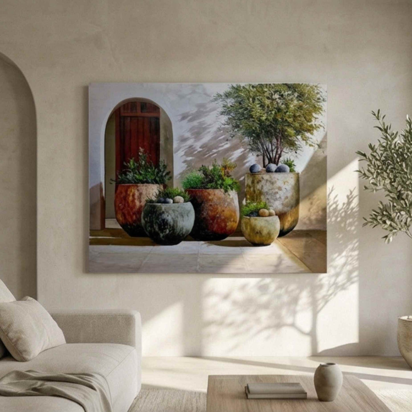 Pintura al Óleo Patio Mediterráneo con Plantas y Macetas 81x102 cm