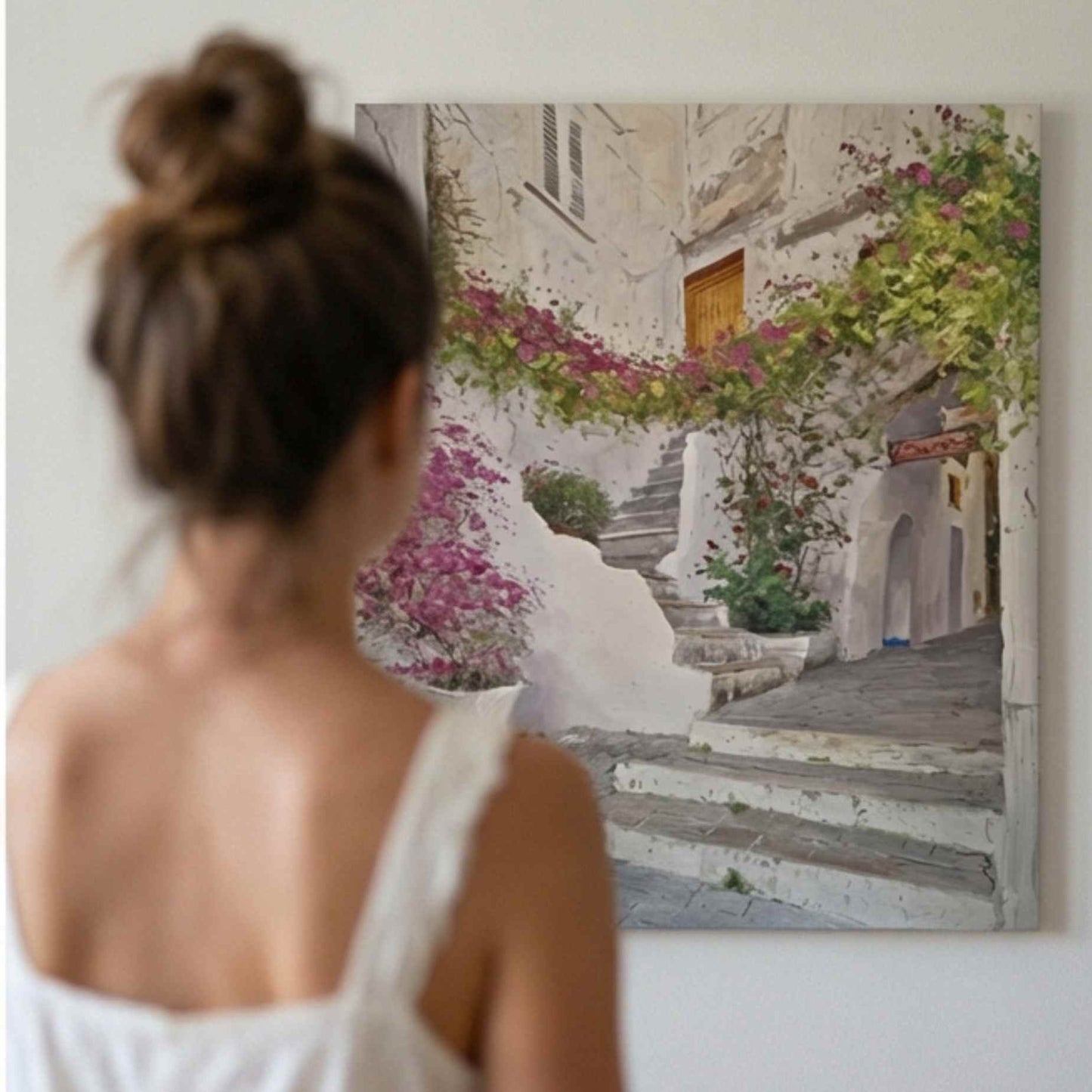 Escalera Mediterránea con Buganvillas – Pintura al Óleo Pintada a Mano por Martín