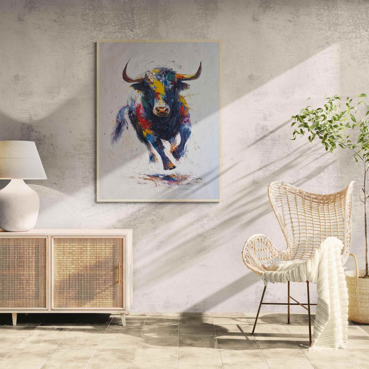 Cuadro de Toro Colorido sobre Fondo Blanco 80x100 cm