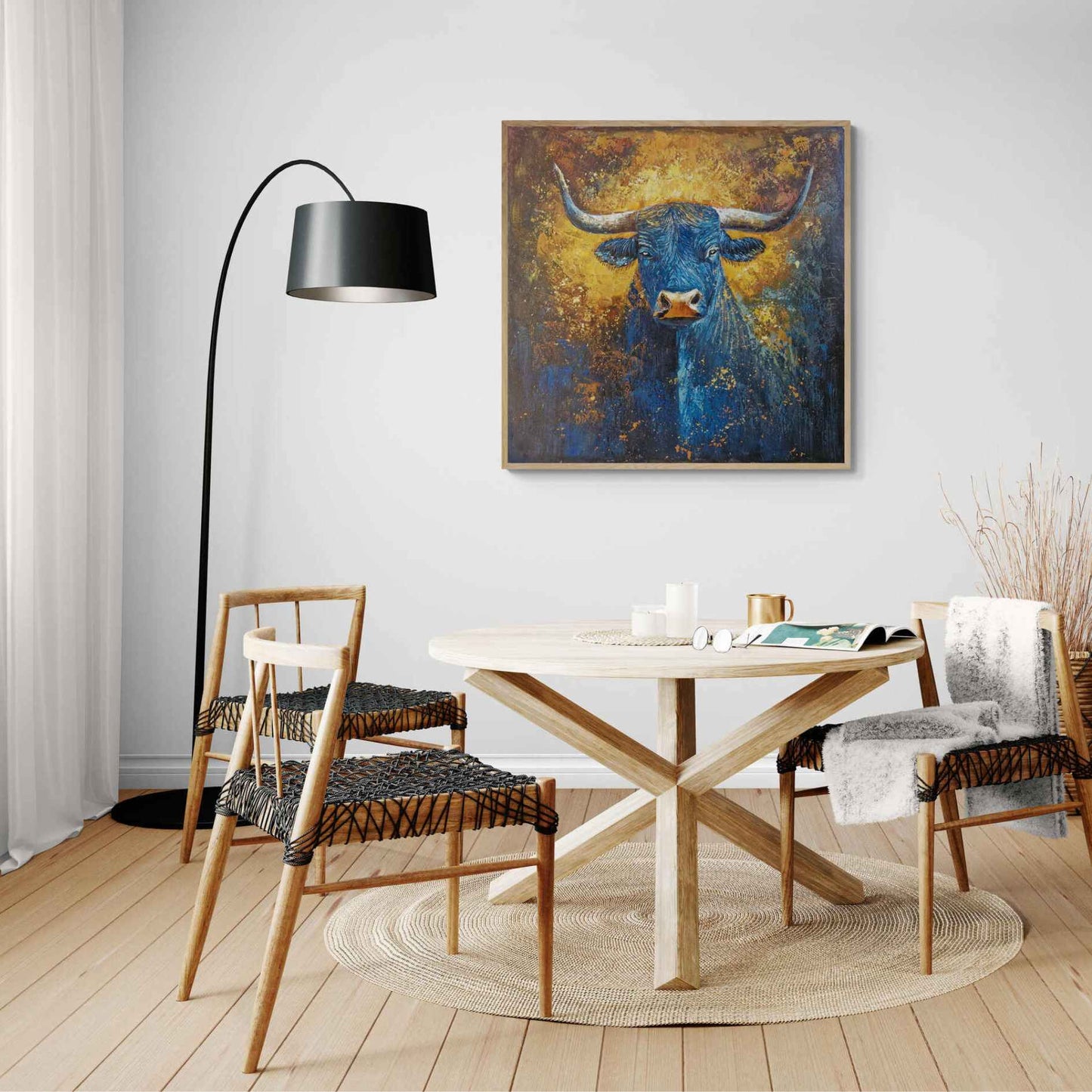 Cuadro Cabeza de Toro Azul con Fondo Dorado 100x100 cm