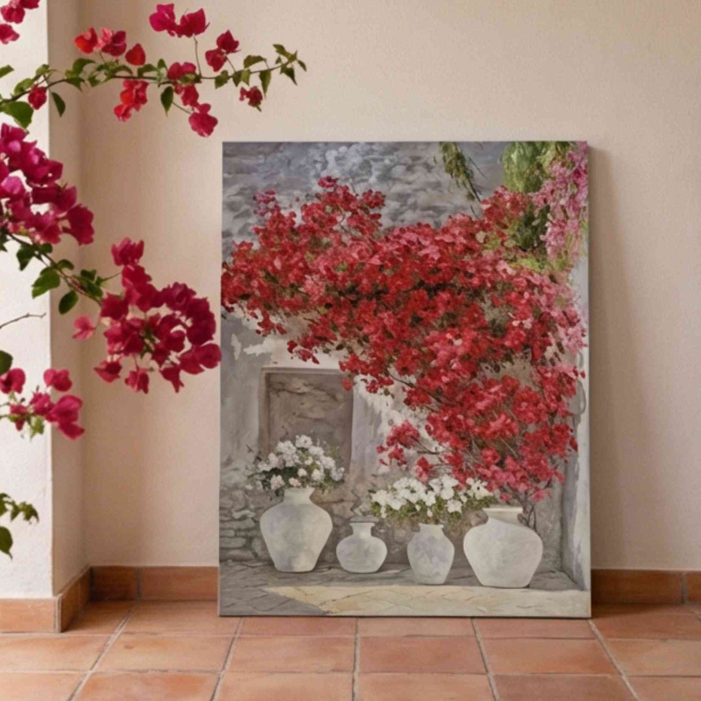 Mediterrane Bougainvillea in Vasen – Handgemaltes Ölgemälde 81 x 102 cm
