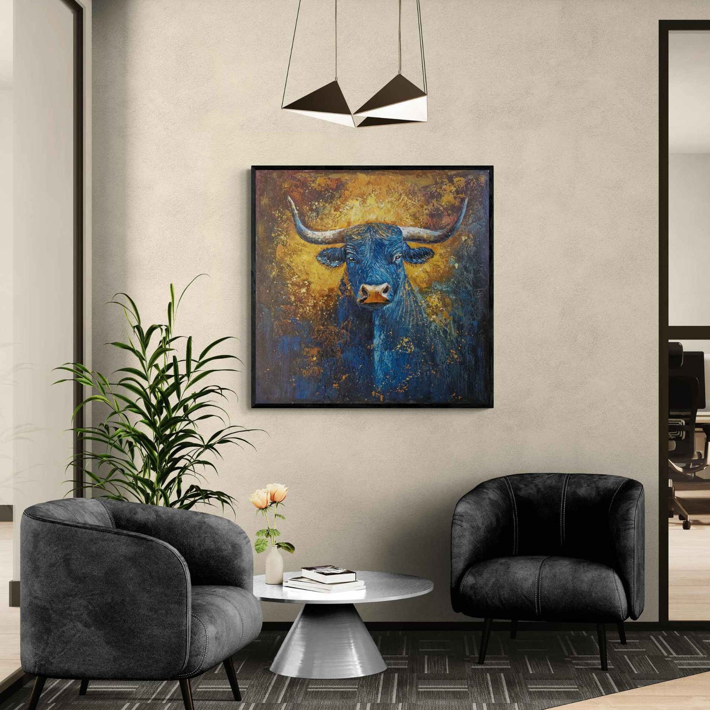 Cuadro Cabeza de Toro Azul con Fondo Dorado 100x100 cm