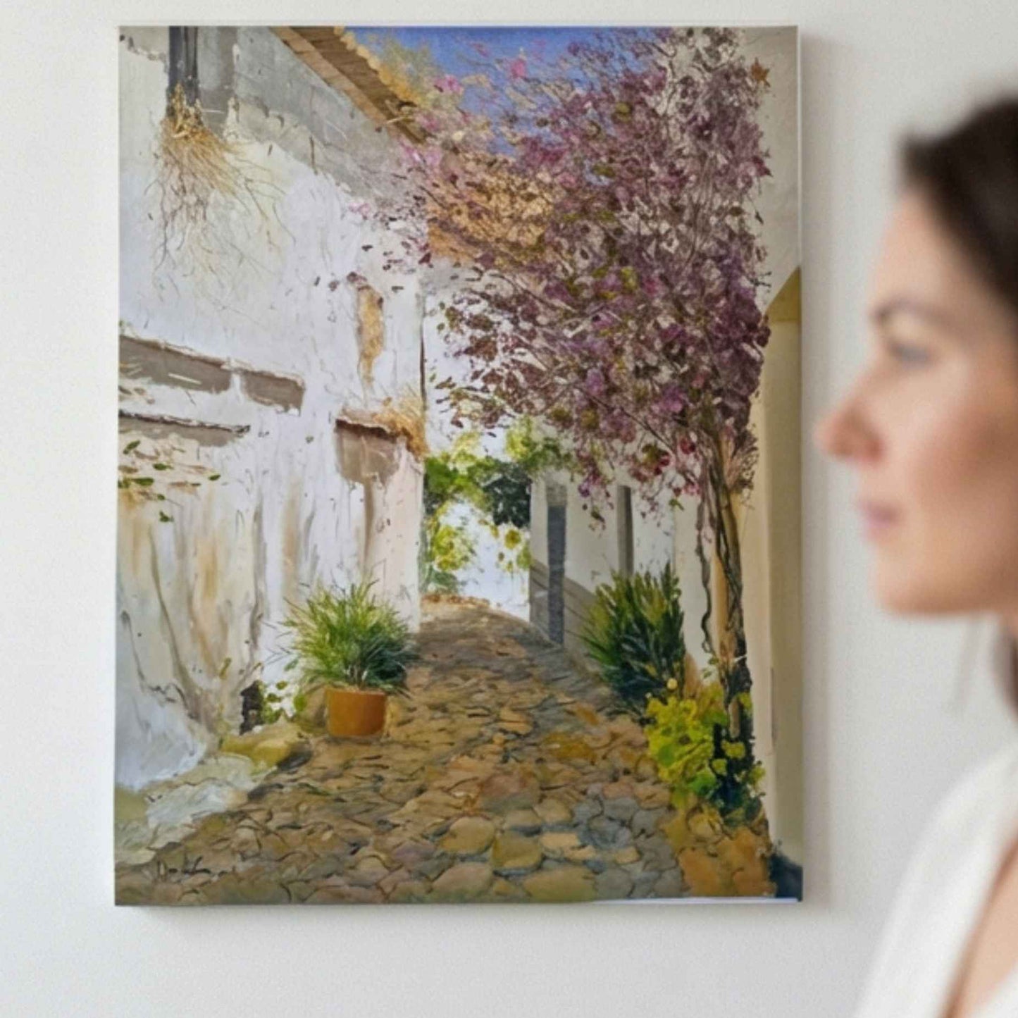 Ölgemälde „Mediterrane Straße mit Bougainvillea“, Werk von Martín Pintor