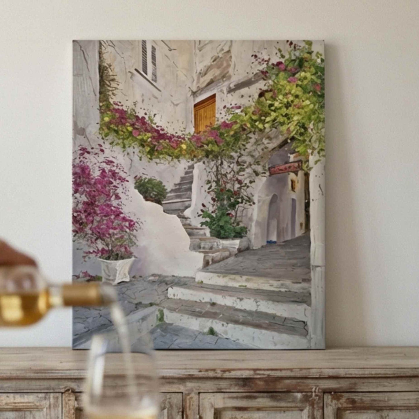 Escalera Mediterránea con Buganvillas – Pintura al Óleo Pintada a Mano por Martín