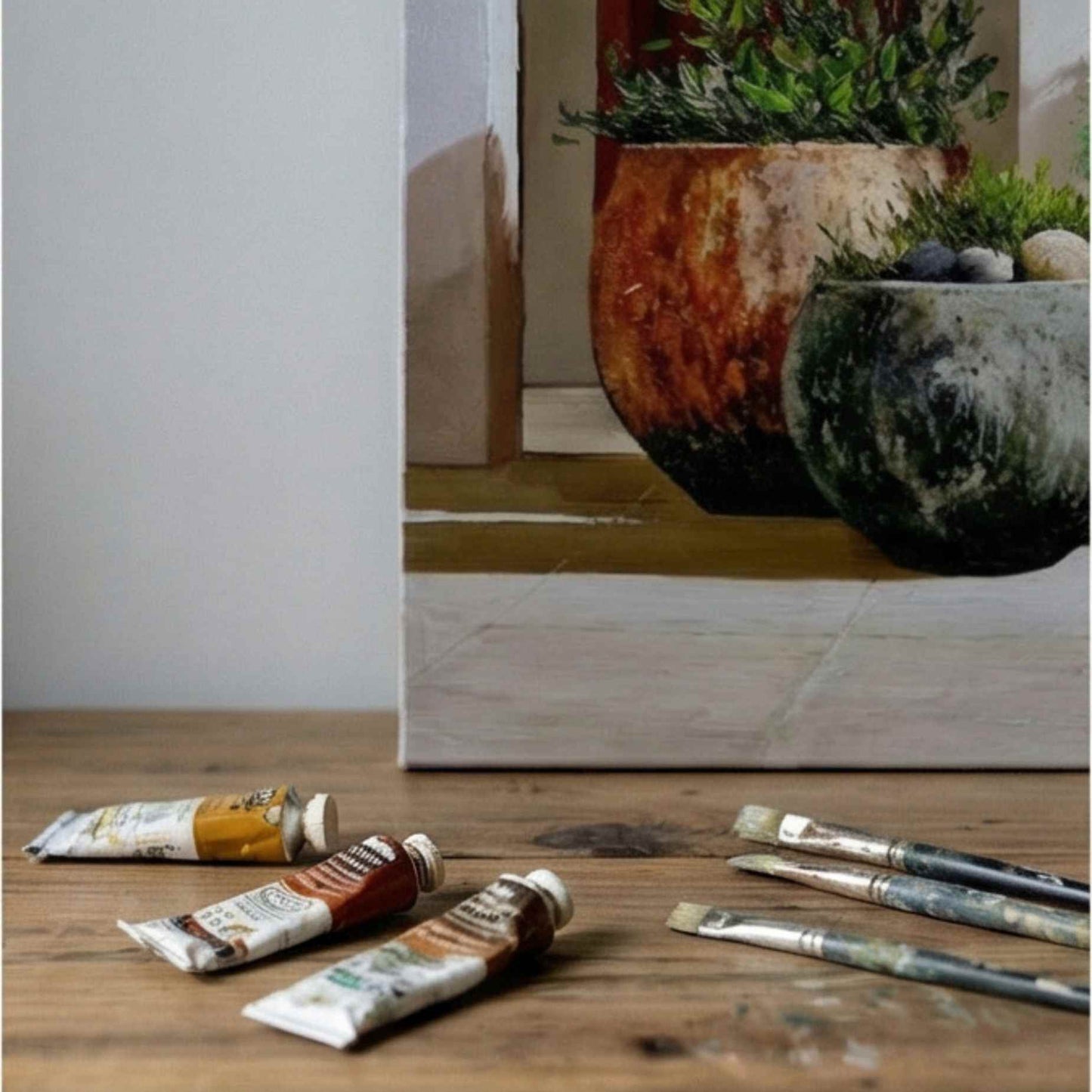 Pintura al Óleo Patio Mediterráneo con Plantas y Macetas 81x102 cm