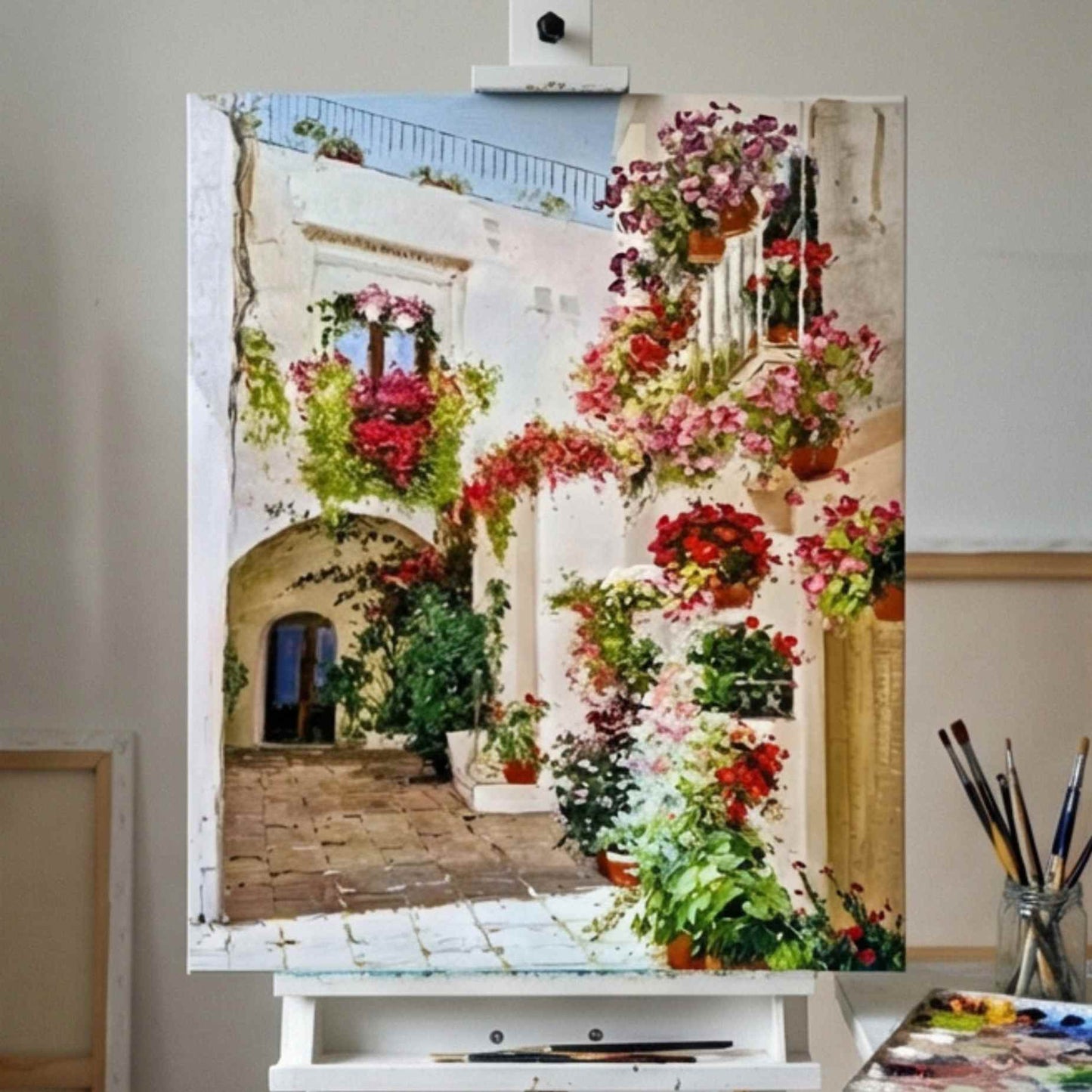 Ölgemälde Mediterraner Blumengarten – Gemälde von Martin