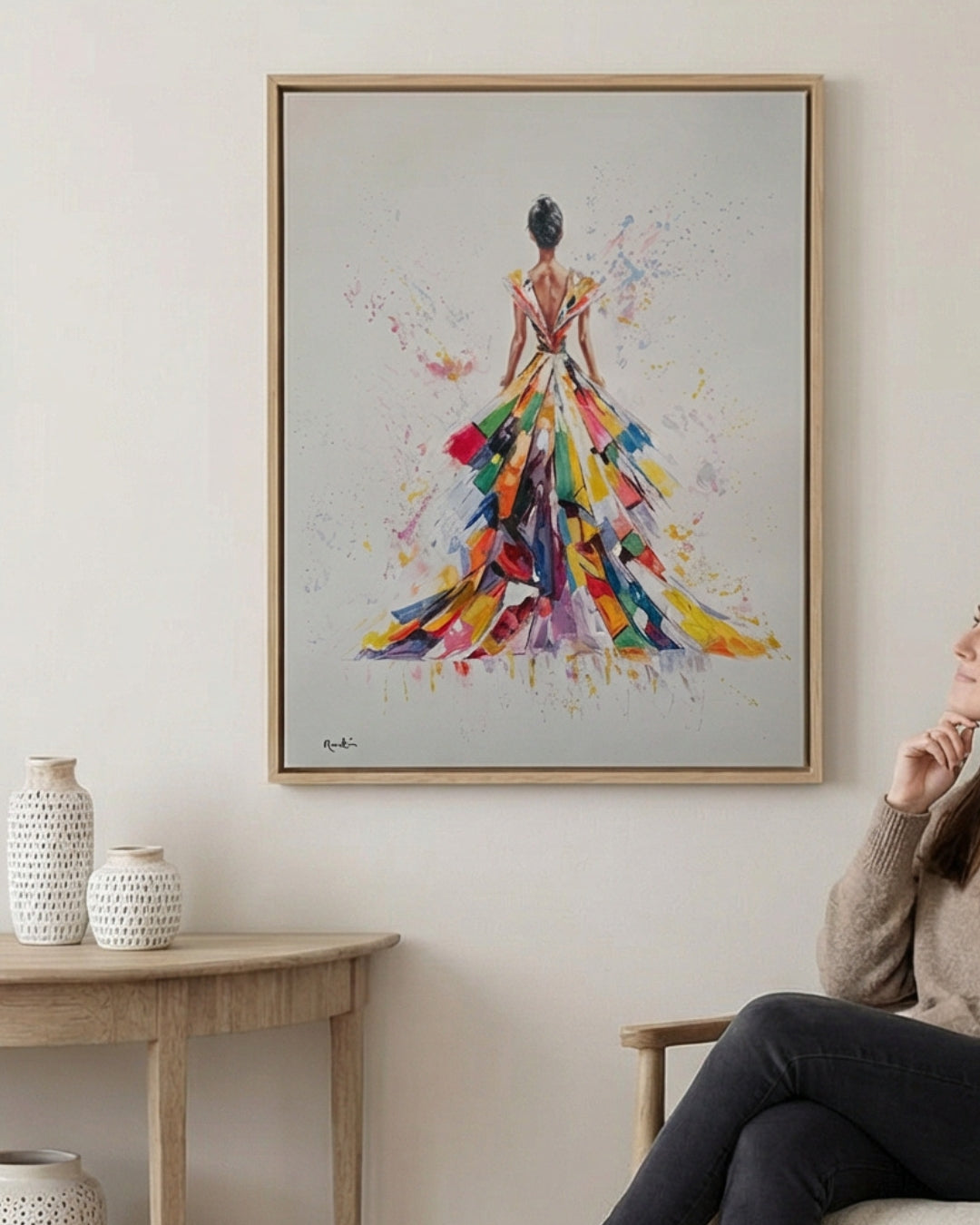 Pintura al Óleo Mujer Elegante con Vestido Abstracto Multicolor 120x90 cm