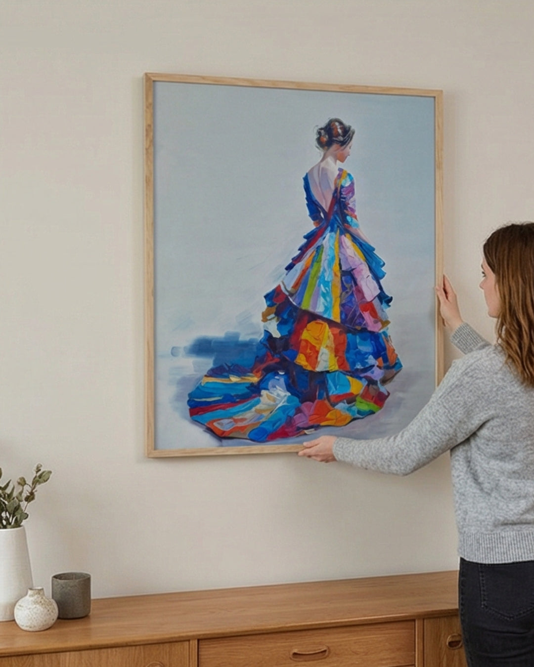 Cuadro Mujer Elegante con Vestido Multicolor – Pintura al Óleo Moderna 82x102 cm