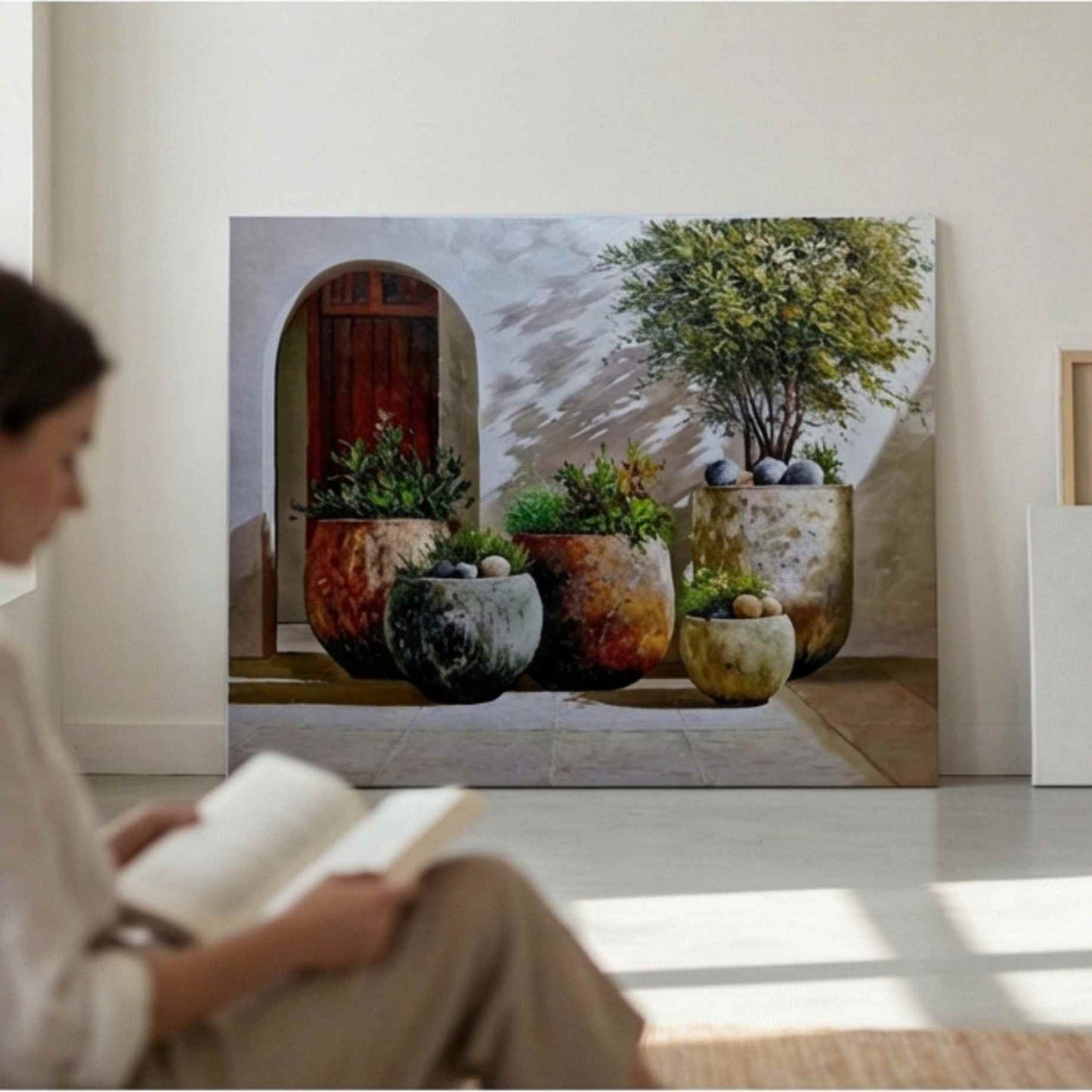 Pintura al Óleo Patio Mediterráneo con Plantas y Macetas 81x102 cm