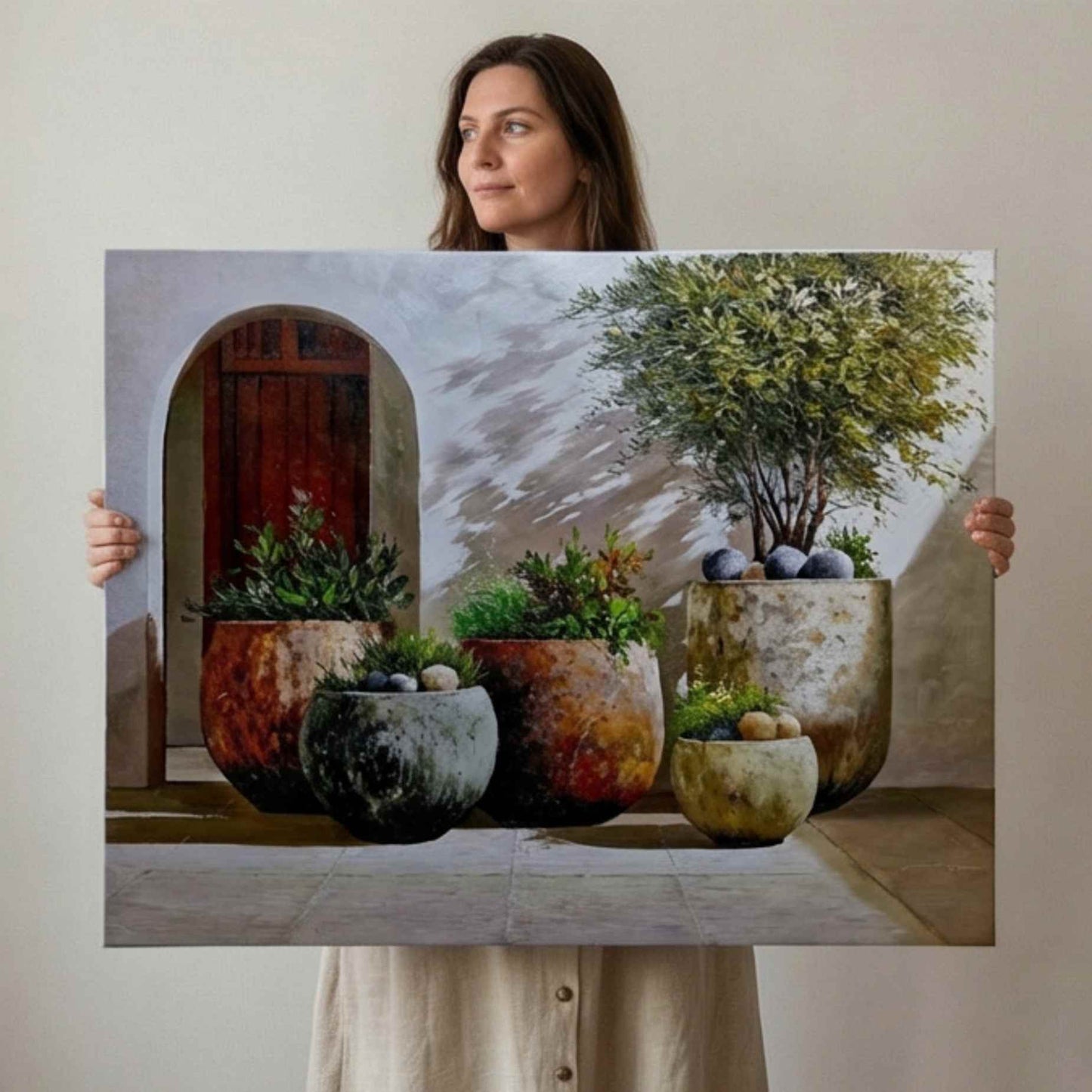 Pintura al Óleo Patio Mediterráneo con Plantas y Macetas 81x102 cm