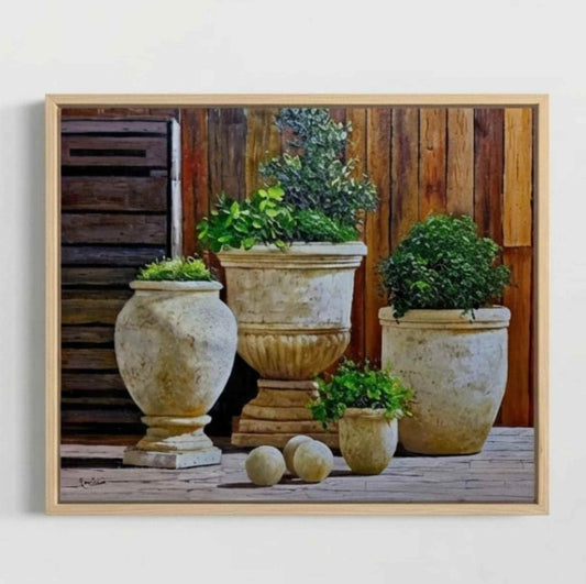 Cuadro al Óleo Macetas de Jardín Rústicas con Plantas Naturales 81x102 cm
