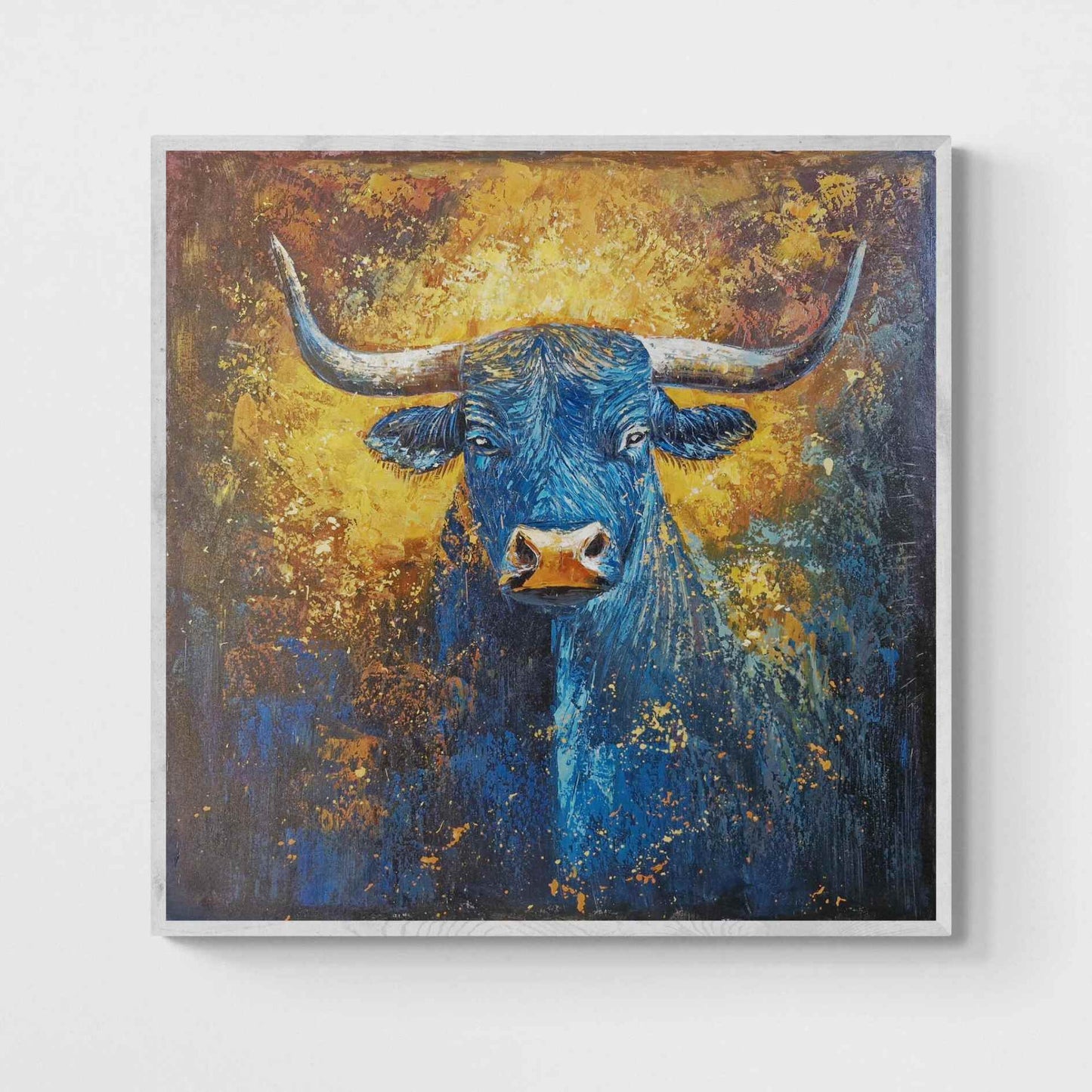 Cuadro Cabeza de Toro Azul con Fondo Dorado 100x100 cm