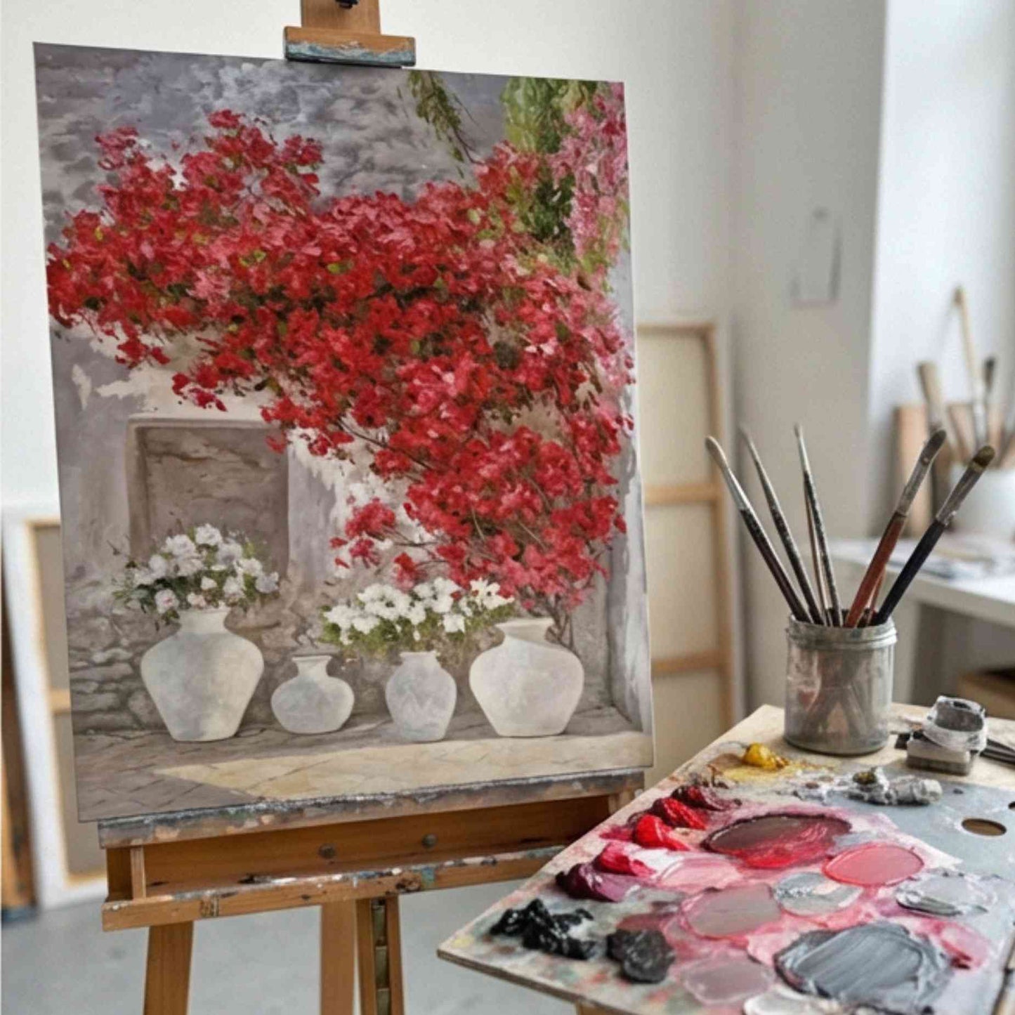 Mediterrane Bougainvillea in Vasen – Handgemaltes Ölgemälde 81 x 102 cm