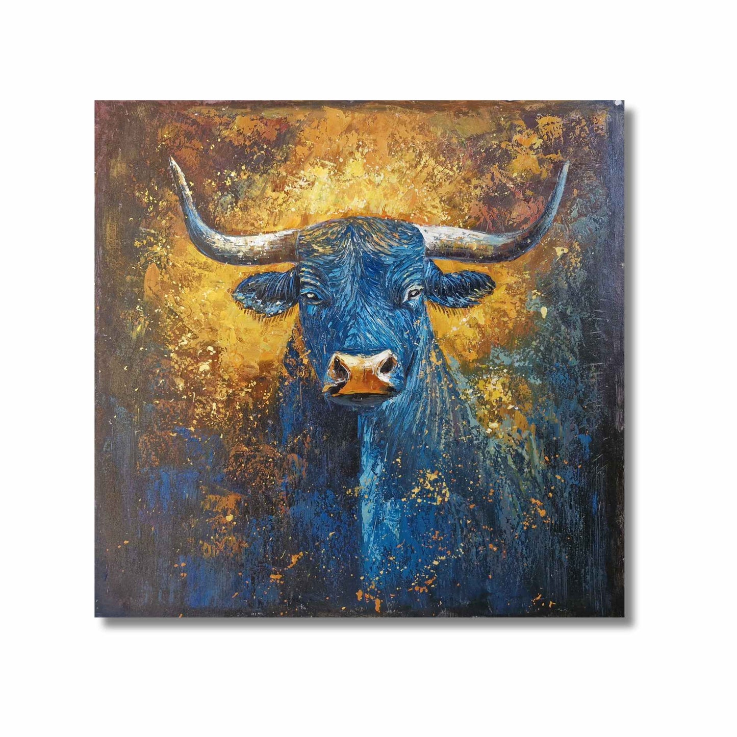 Cuadro Cabeza de Toro Azul con Fondo Dorado 100x100 cm