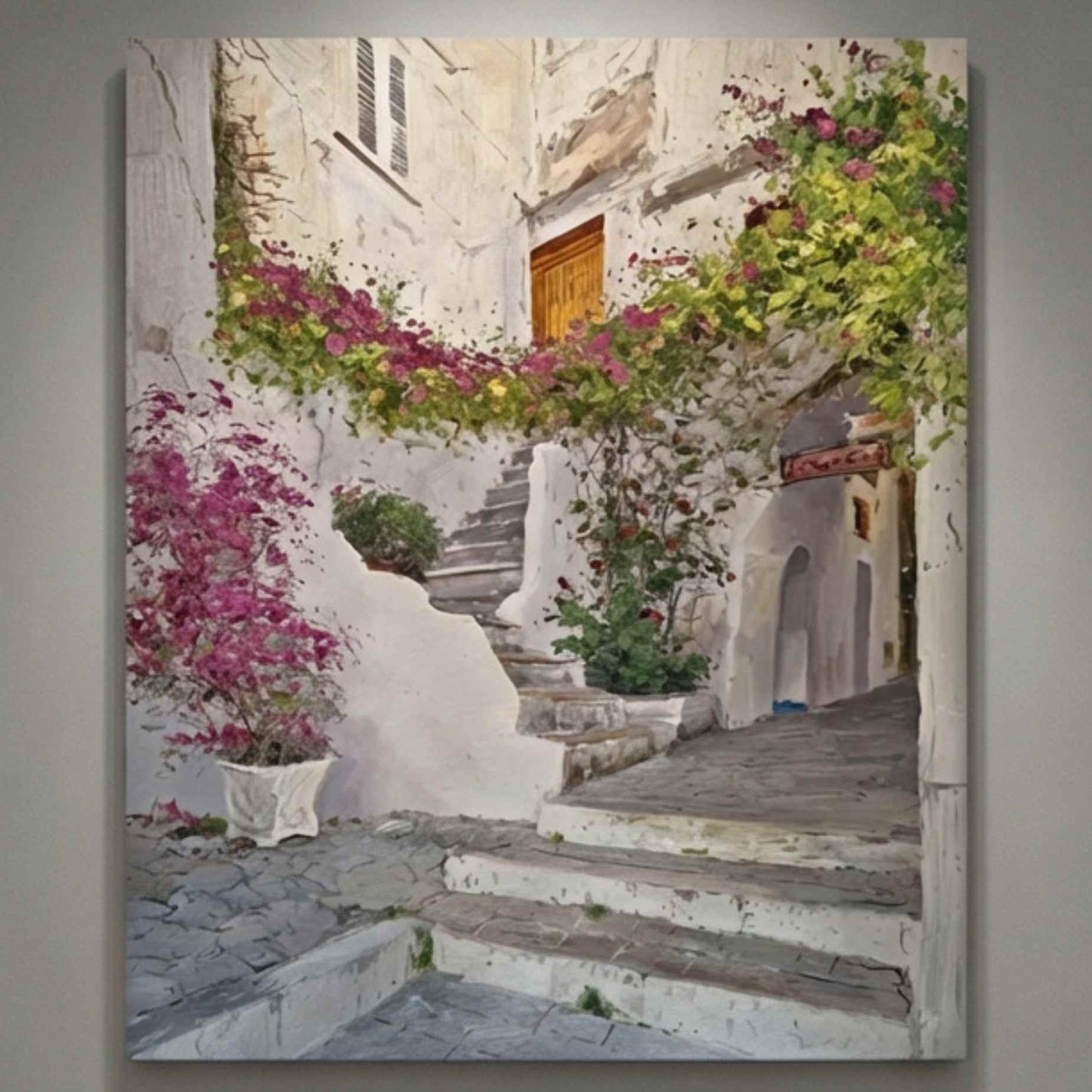 Escalera Mediterránea con Buganvillas – Pintura al Óleo Pintada a Mano por Martín