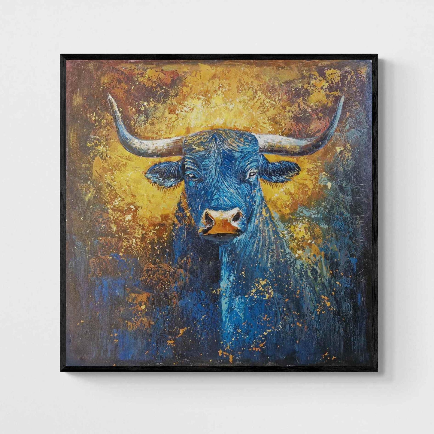 Cuadro Cabeza de Toro Azul con Fondo Dorado 100x100 cm