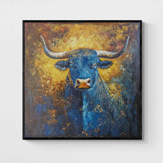 Cuadro Cabeza de Toro Azul con Fondo Dorado 100x100 cm