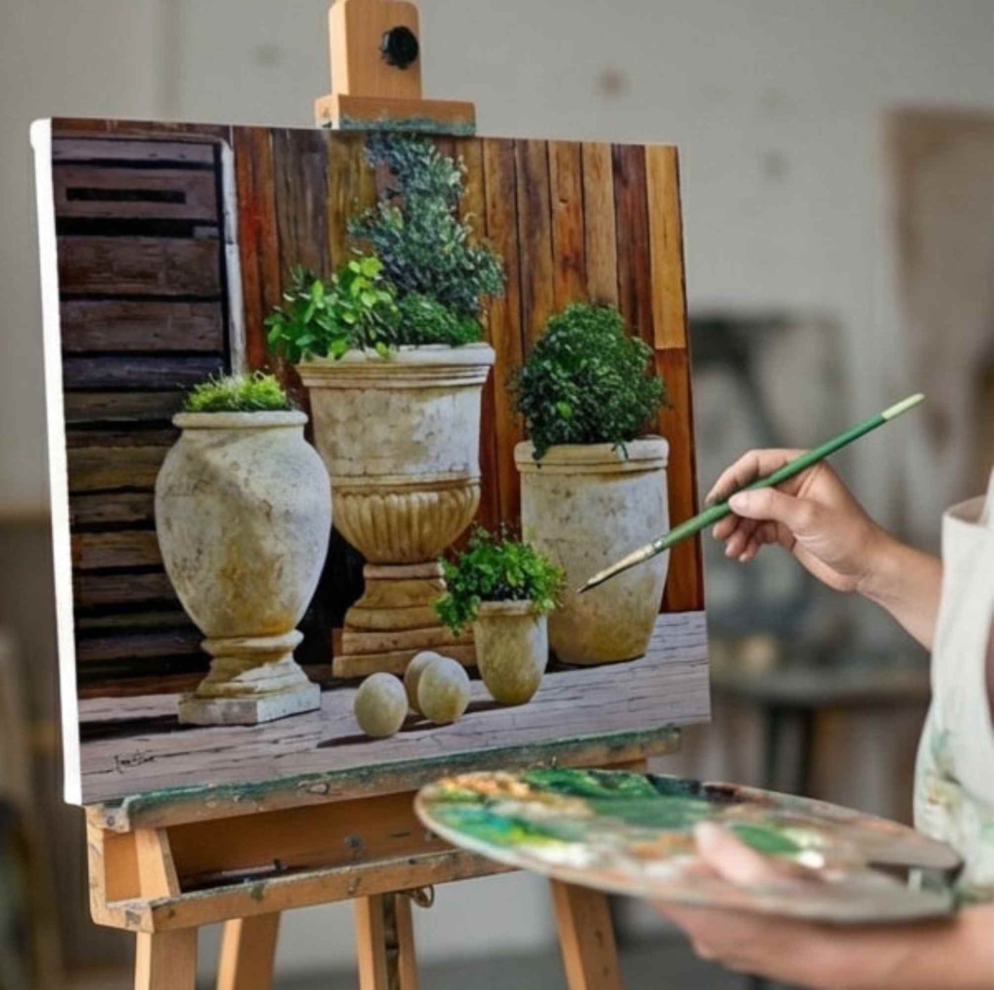 Cuadro al Óleo Macetas de Jardín Rústicas con Plantas Naturales 81x102 cm