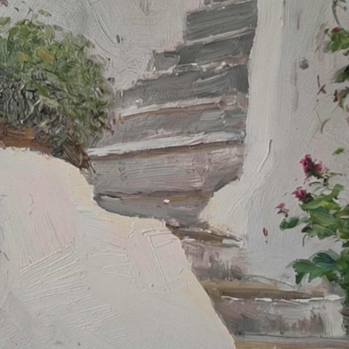 Escalera Mediterránea con Buganvillas – Pintura al Óleo Pintada a Mano por Martín