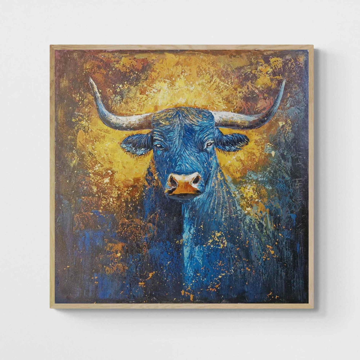 Cuadro Cabeza de Toro Azul con Fondo Dorado 100x100 cm