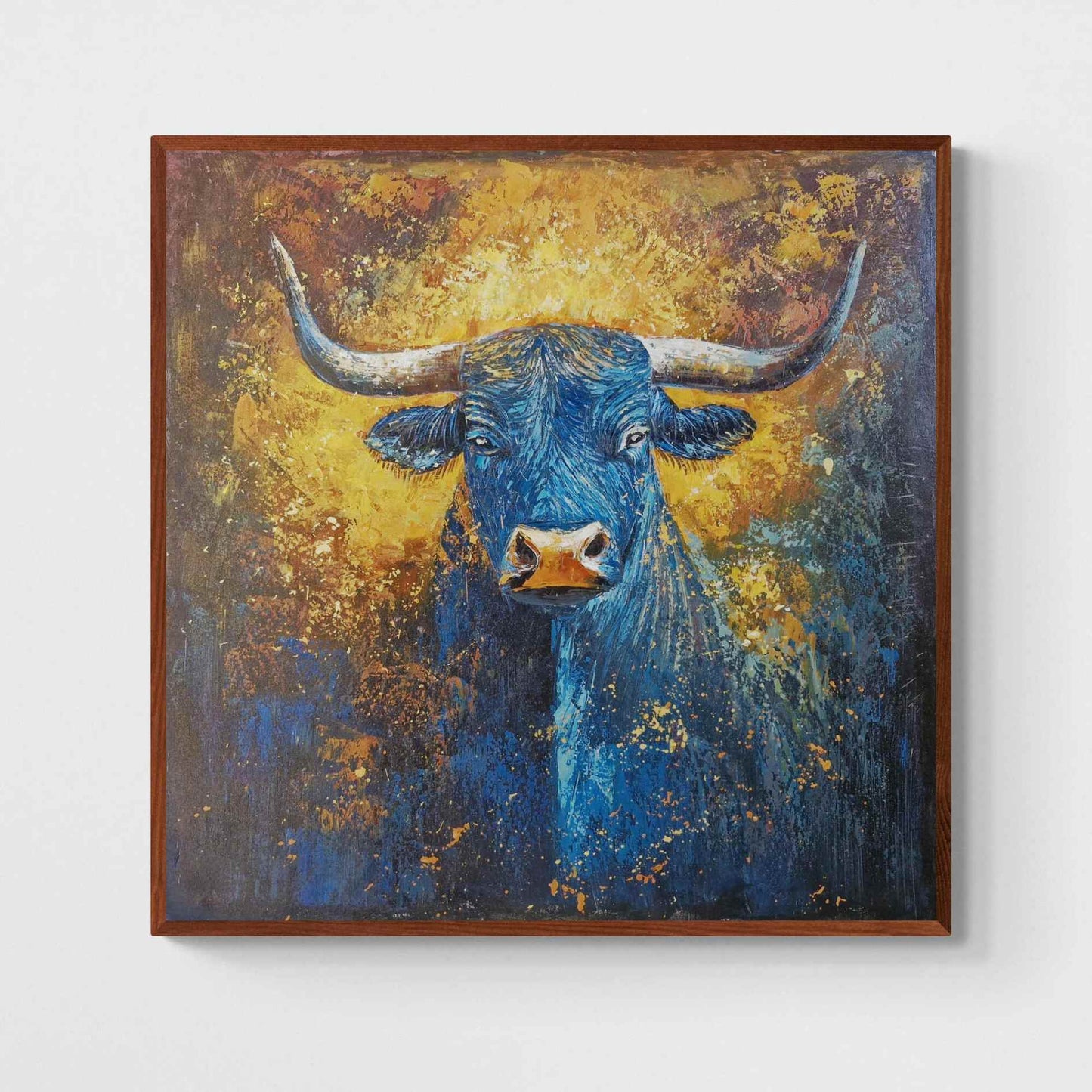 Cuadro Cabeza de Toro Azul con Fondo Dorado 100x100 cm