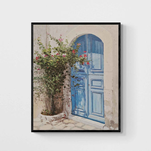 Cuadro al Óleo Puerta Azul Mediterránea con Buganvilla de Martín