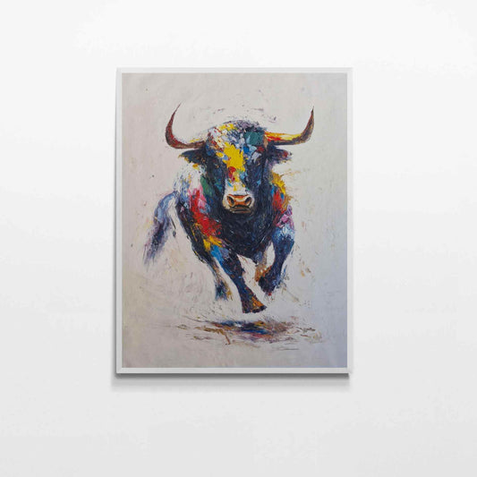 Cuadro de Toro Colorido sobre Fondo Blanco 80x100 cm