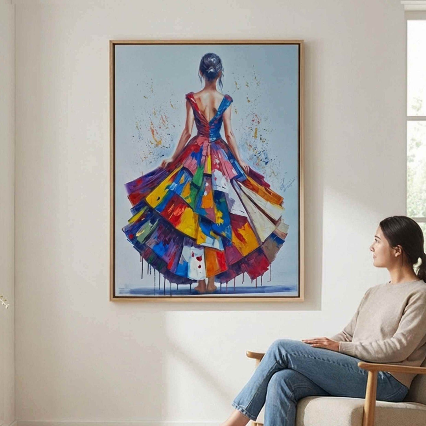 Cuadro al óleo de mujer elegante con vestido colorido de Martin 120 x 90