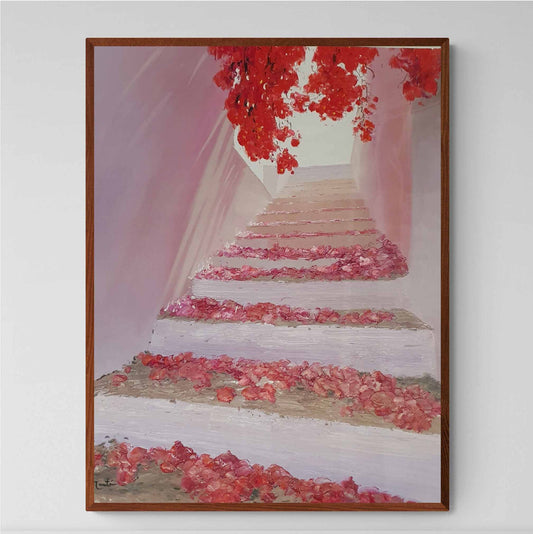 Red Bougainvillea Staircase Painting 81x102 cm