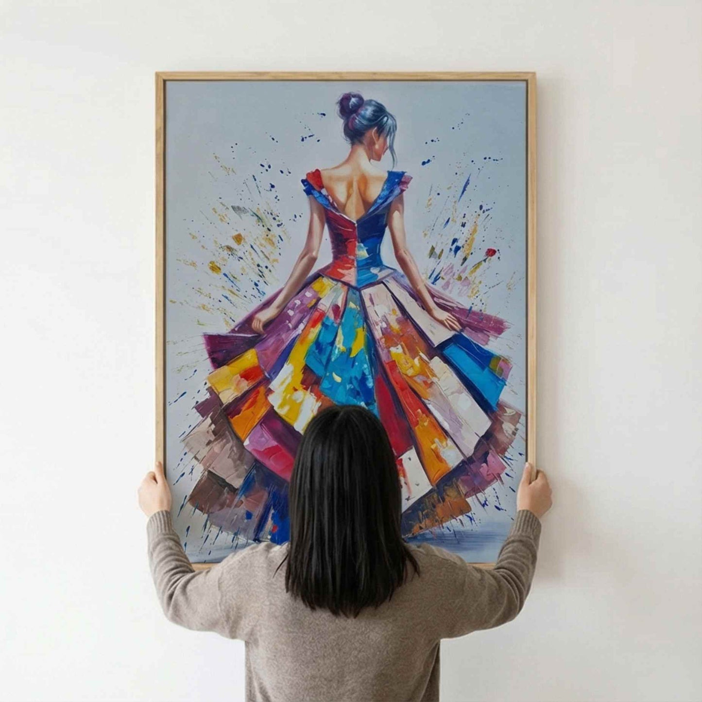 Cuadro al óleo de mujer elegante con vestido colorido de Martin 120x90 cm