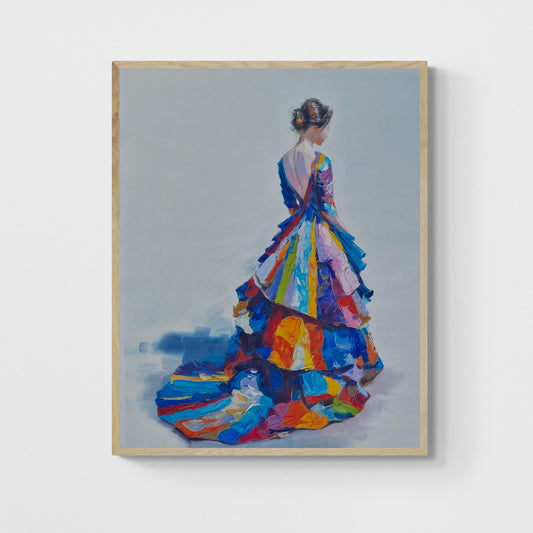 Cuadro Mujer Elegante con Vestido Multicolor – Pintura al Óleo Moderna 82x102 cm